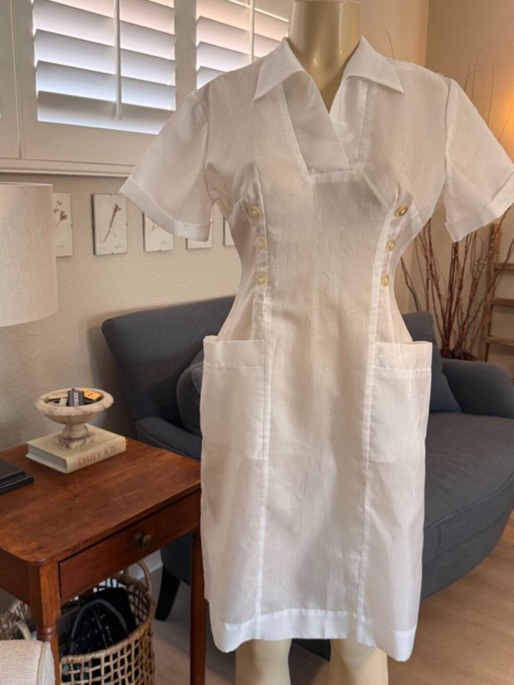 1960's Nurse Dress crisp white deep front pockets form shaped waistline